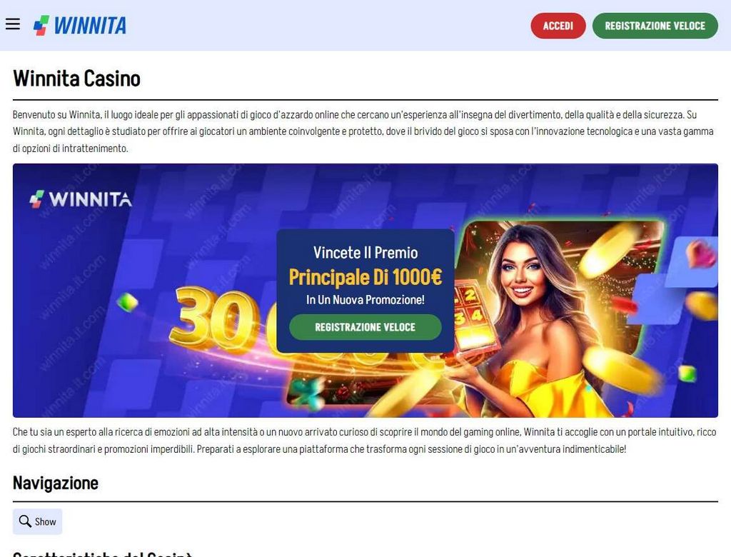 Offerta bonus di Winnita Online casino per Giocatori Italiani